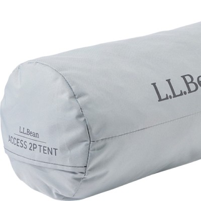 A cylindrical gray bag with the text L L Bean ACCESS 2P TENT printed on it. 