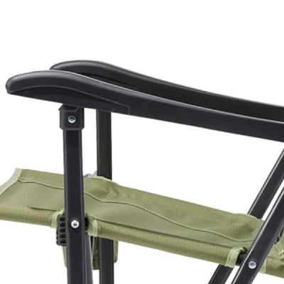 A green folding chair with black armrests and metal frame.