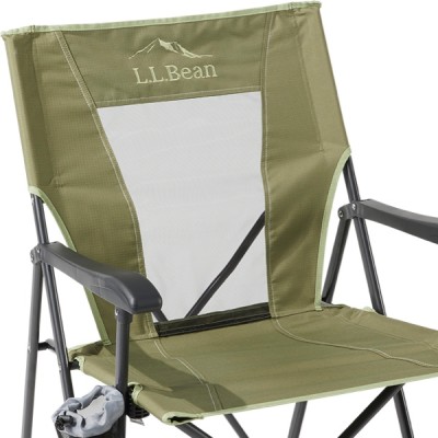 Green L L Bean folding chair with mesh backrest and armrests.
