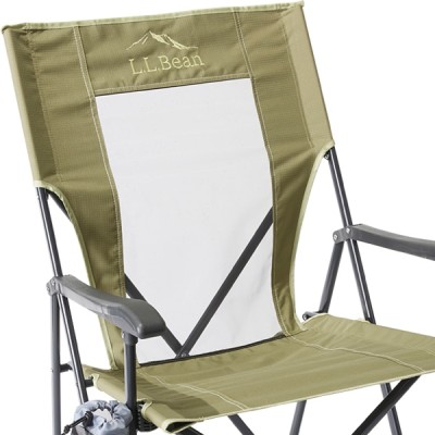 Green L L Bean folding chair with mesh backrest and armrests.