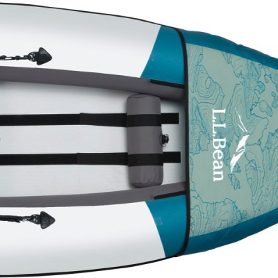 Top view of an inflatable kayak with L L Bean logo, featuring blue and white colors, black straps, and a grey cushion.