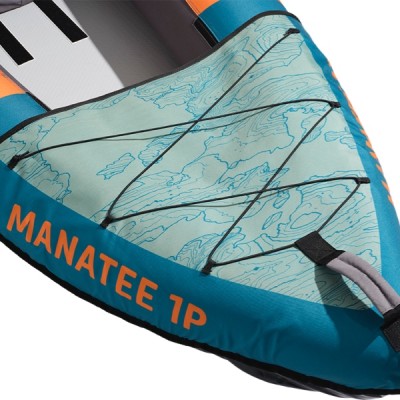 Front section of a kayak with MANATEE 1P written on it, featuring a blue and orange design with black bungee cords.