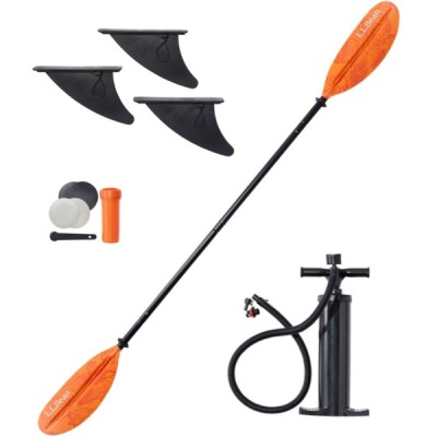 Kayak paddle with orange blades, three black fins, a repair kit, an orange container, and an air pump.