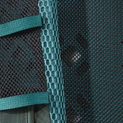 Teal and black mesh fabric with hexagonal patterns and teal straps.
