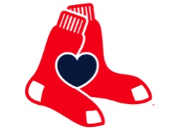 The two Red Sox logo with an overlapping navy blue heart in the center.