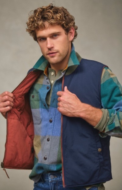 Close up image of a man wearing an L. L. Bean plaid shirt and an unzipped blue vest.