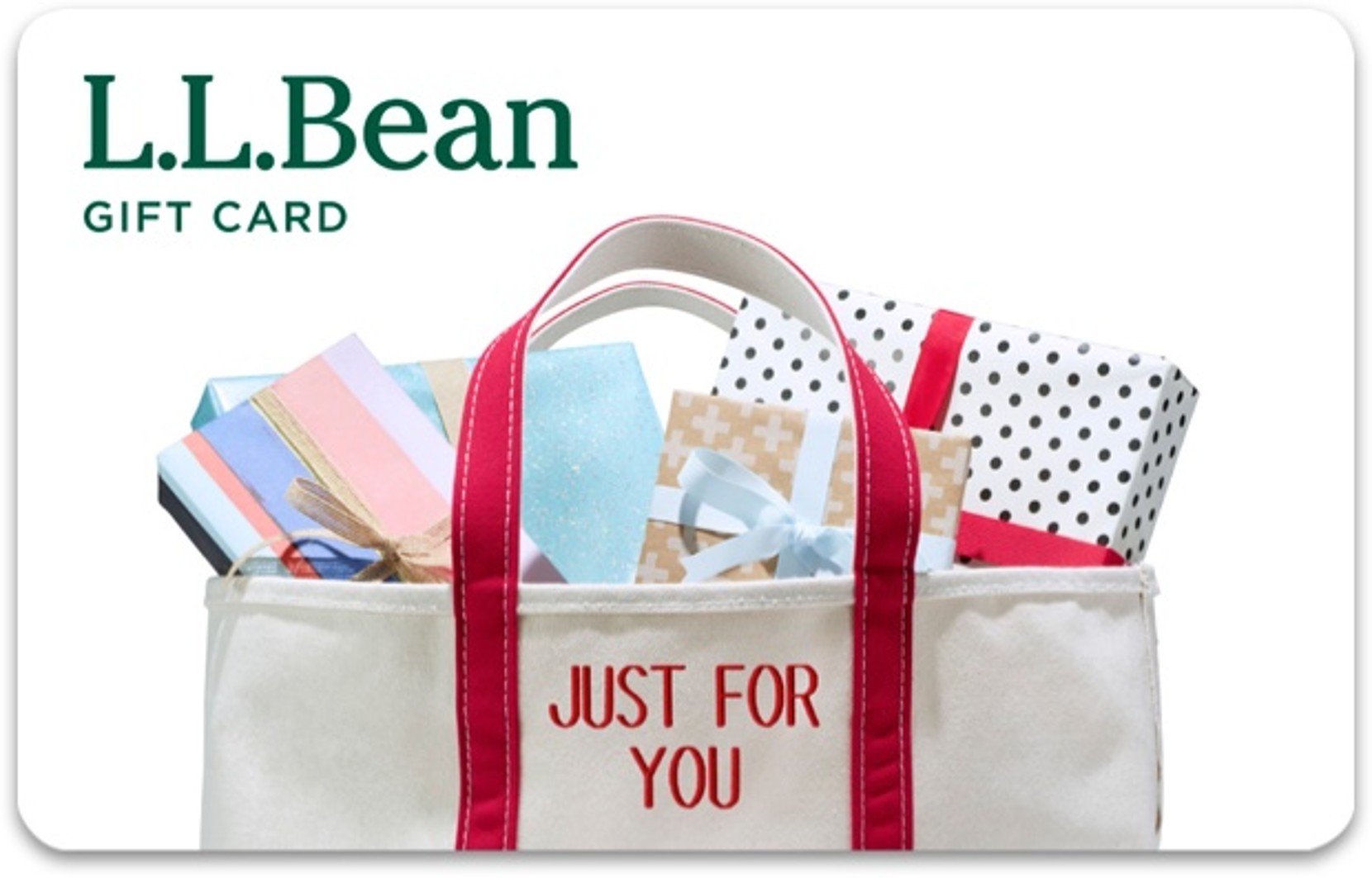 L L Bean gift card featuring a white tote with red handles and filled with colorful wrapped presents.