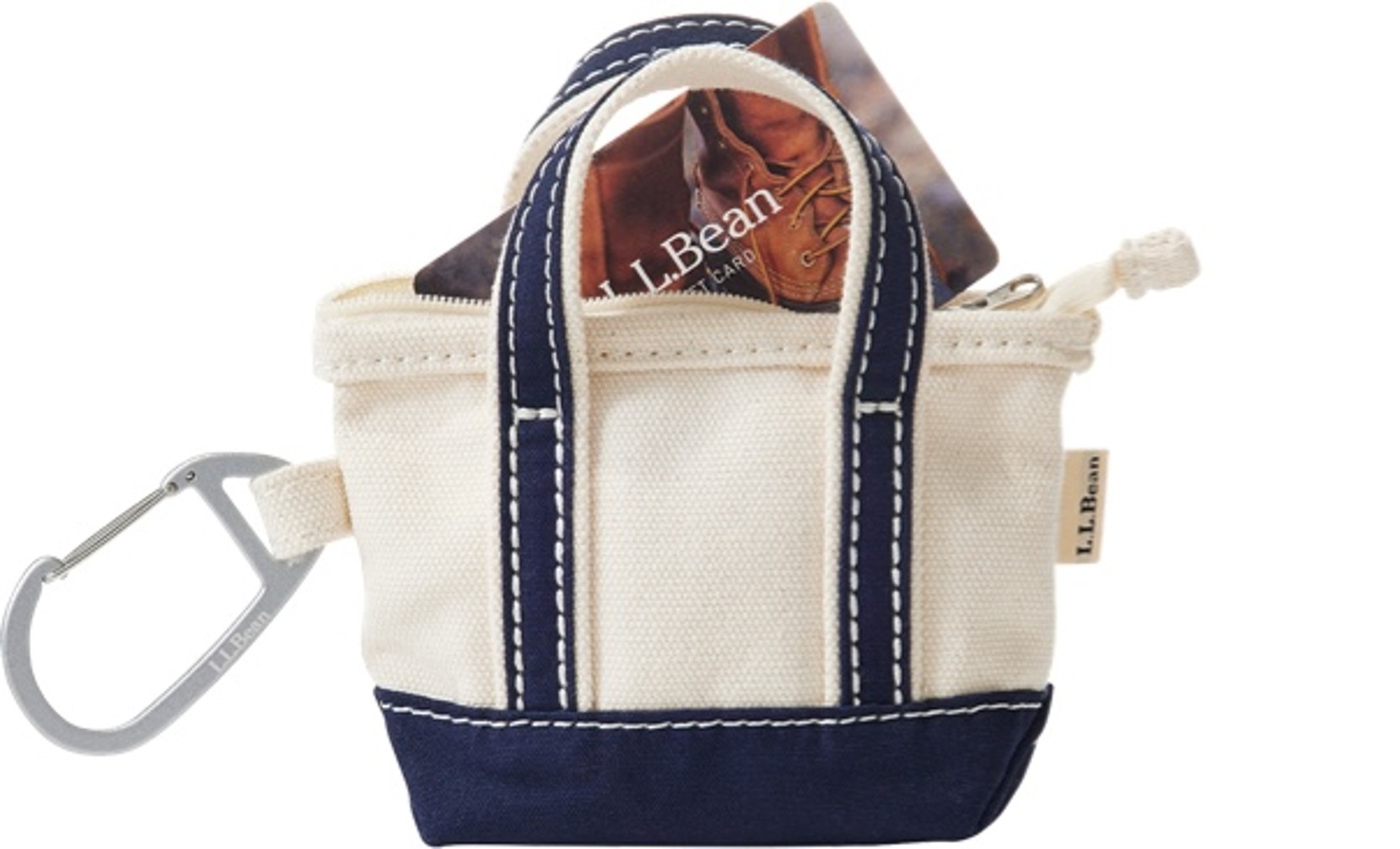 Mini zip top Boat and Tote keychain with navy color straps containing L L Bean gift card. 