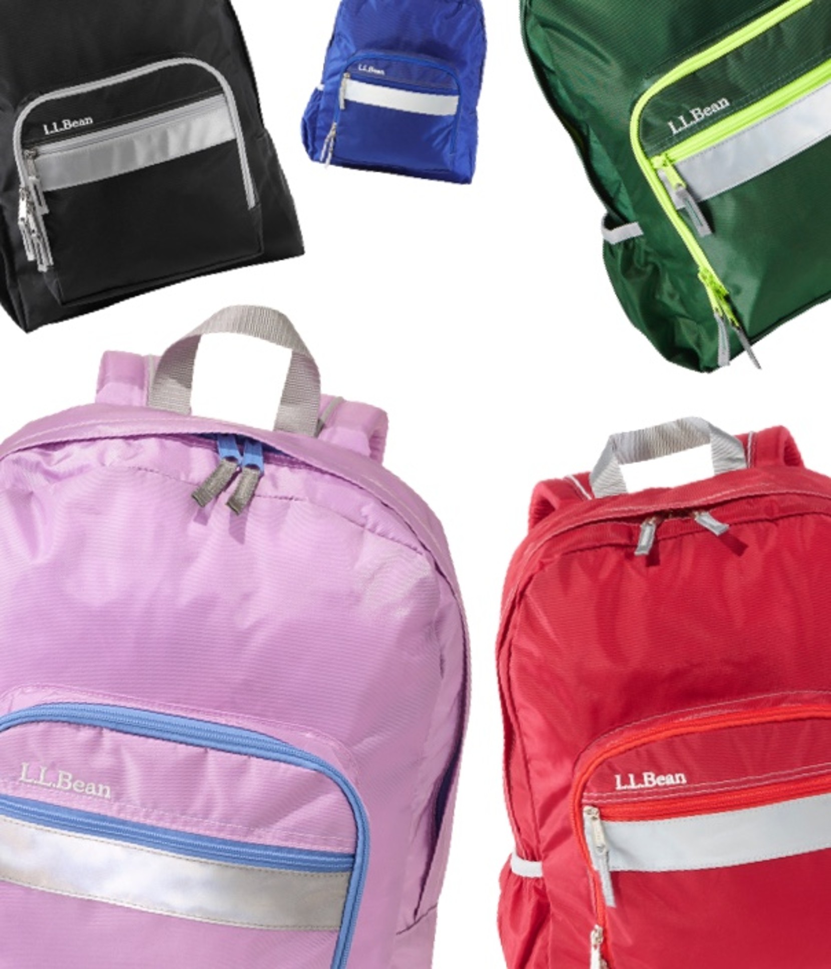 Cropped image of several L. L. Bean backpacks in bright colors.