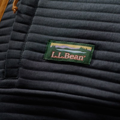 Close-up of a quilted dark jacket panel with an L.L.Bean logo patch stitched on the chest.