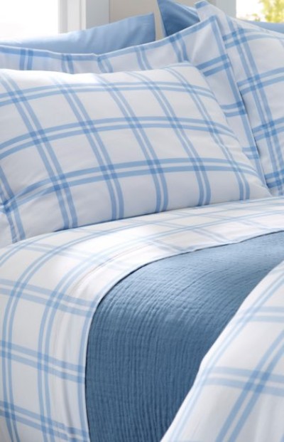 Blue and white plaid bedding with matching pillows and a blue blanket.