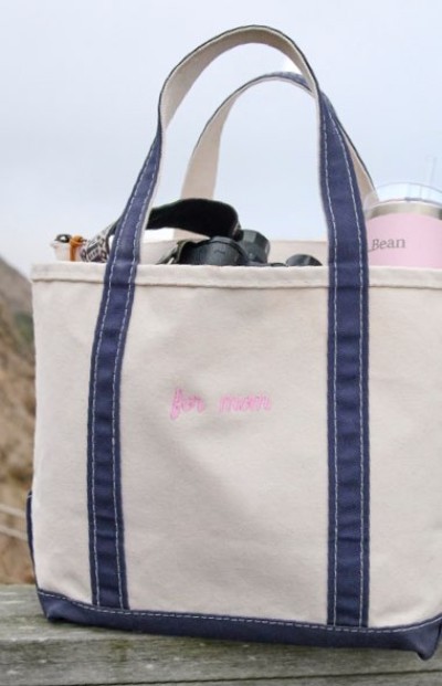 Canvas tote bag with dark handles sits outdoors, filled with items like binoculars and a pink insulated bottle.