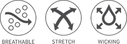 Three tech icons illustrating the fabrics as breathable, stretch and moisture wicking.