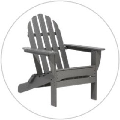 A gray adirondack style outdoor chair inside a light gray circle.