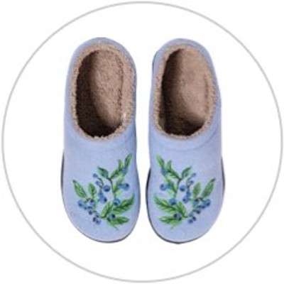 A pair of blue slippers with embroidery on the toes inside a light gray circle.