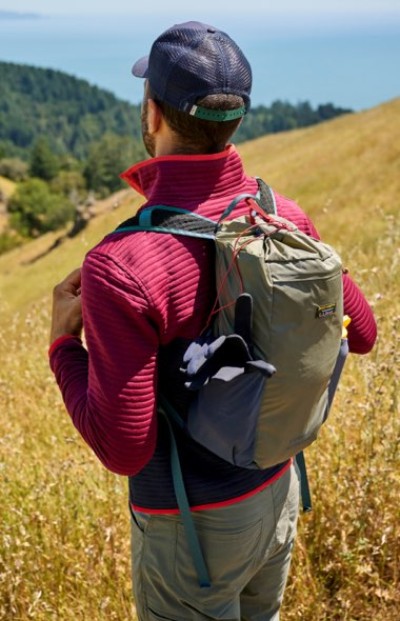 Hiker viewed from behind wearing a backpack on a grassy hillside trail.