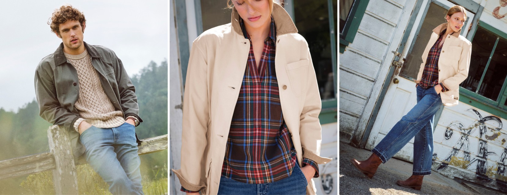 People wearing layered fall outfits featuring canvas jackets in outdoor settings.