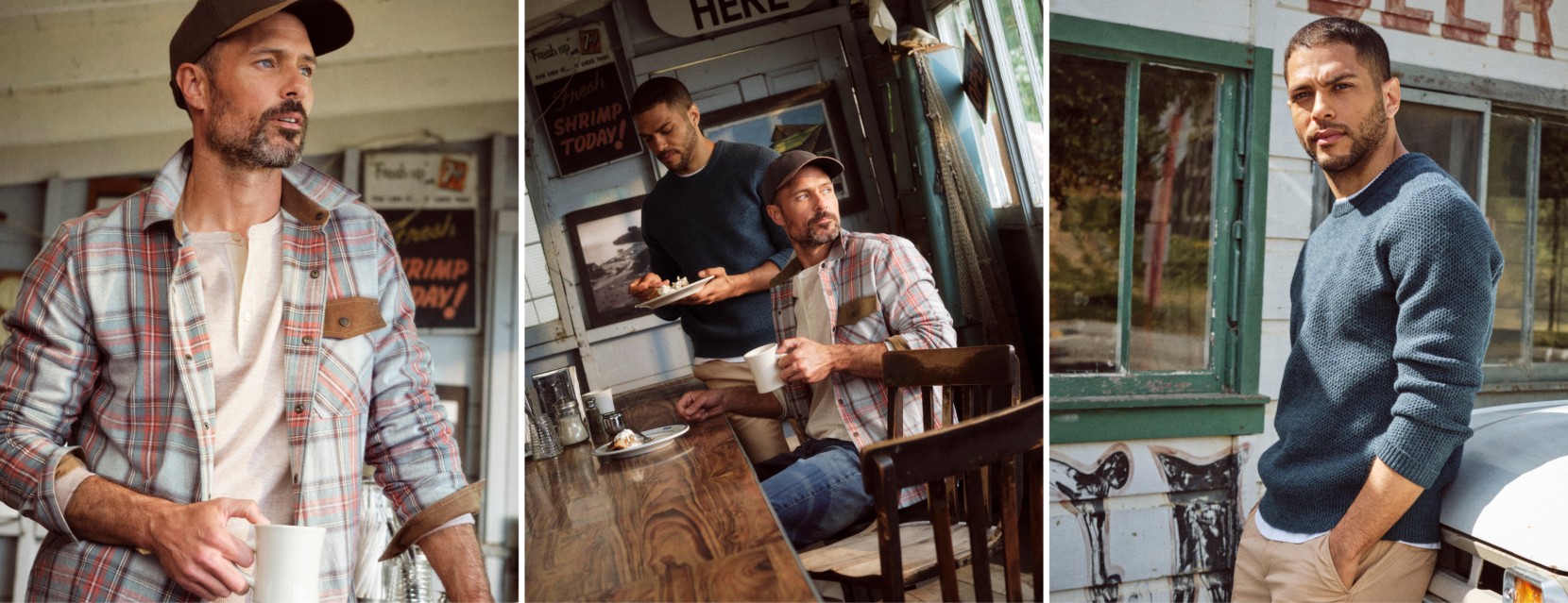 Lifestyle portraits featuring people in casual sweaters and plaid shirts sitting at a rustic café table.