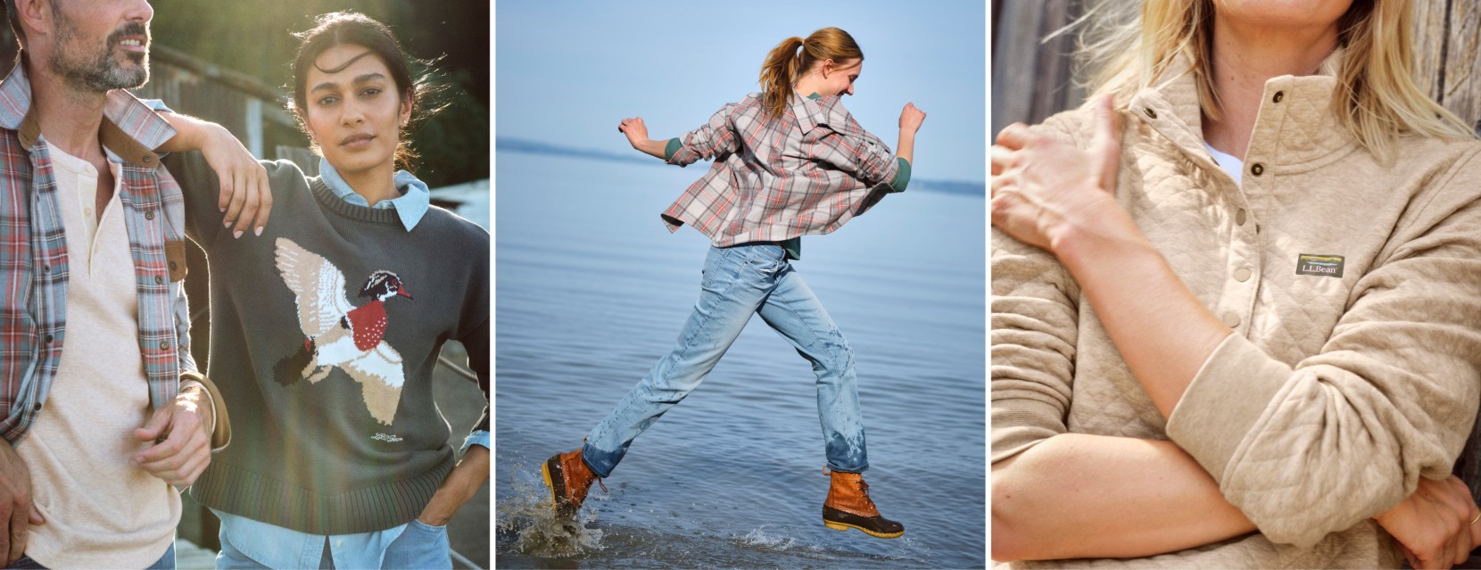 Lifestyle clothing collage featuring sweaters, flannel shirts, jeans, and boots in relaxed outdoor settings by the water.