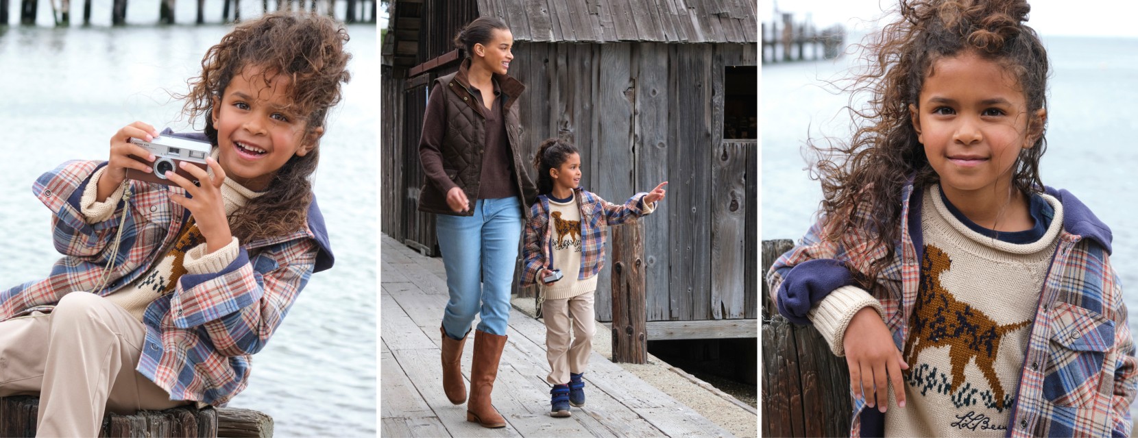 Lifestyle portraits featuring child holding a camera and walking beside adults near the sea.