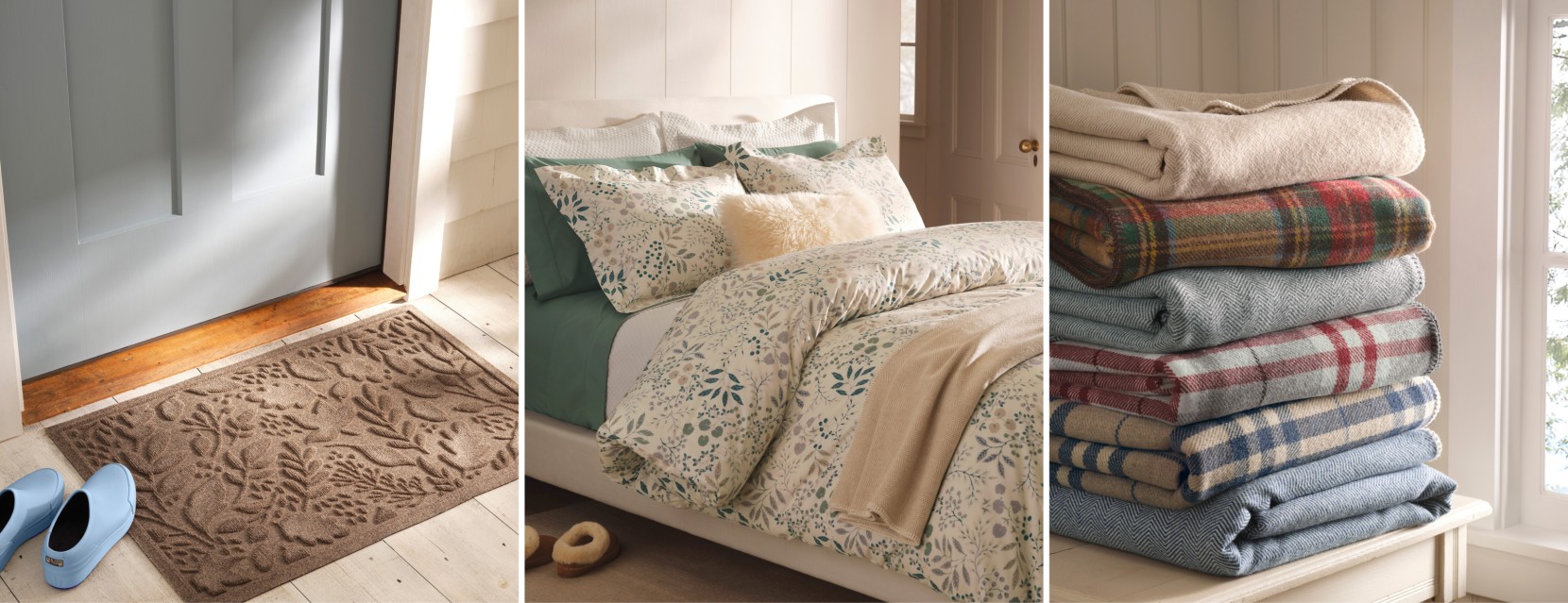 Images of a doormat in an entryway, neutral-toned bedroom decor with pillows, bedding, and folded blankets.