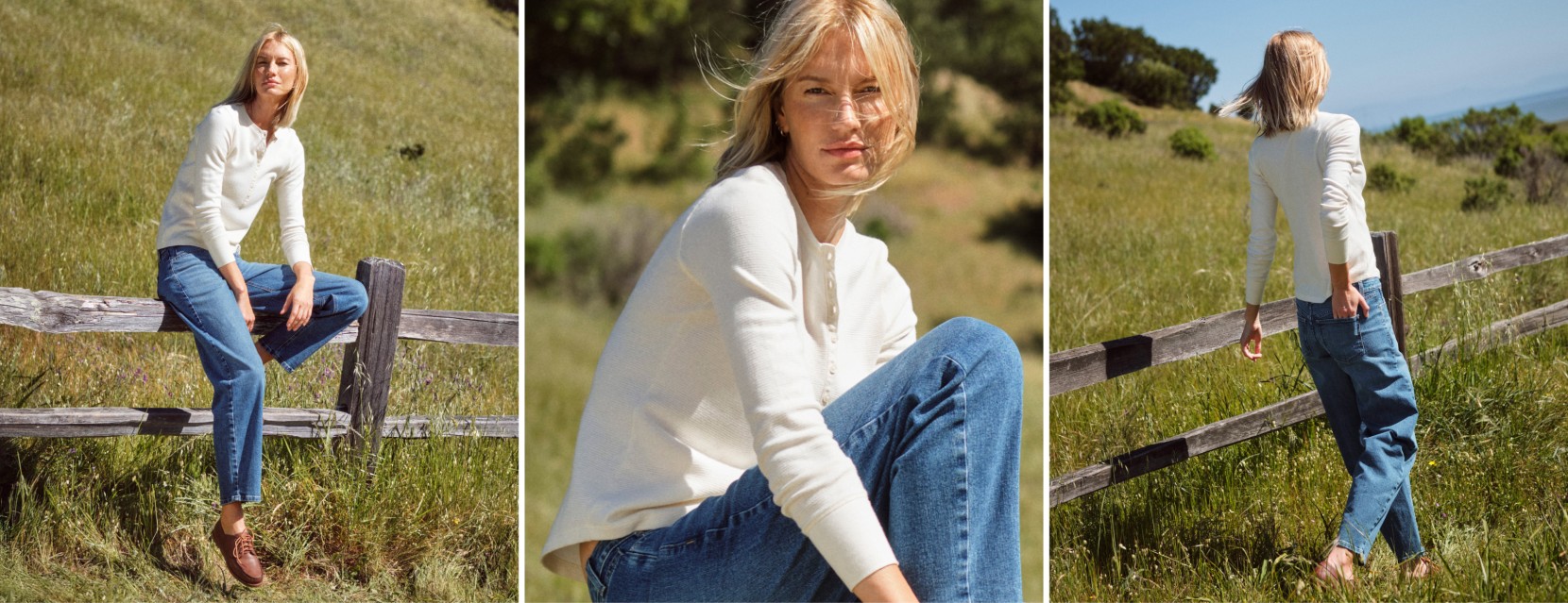 Lifestyle portraits featuring a person in a cream colored top and jeans sitting on a fence in a grassy field.