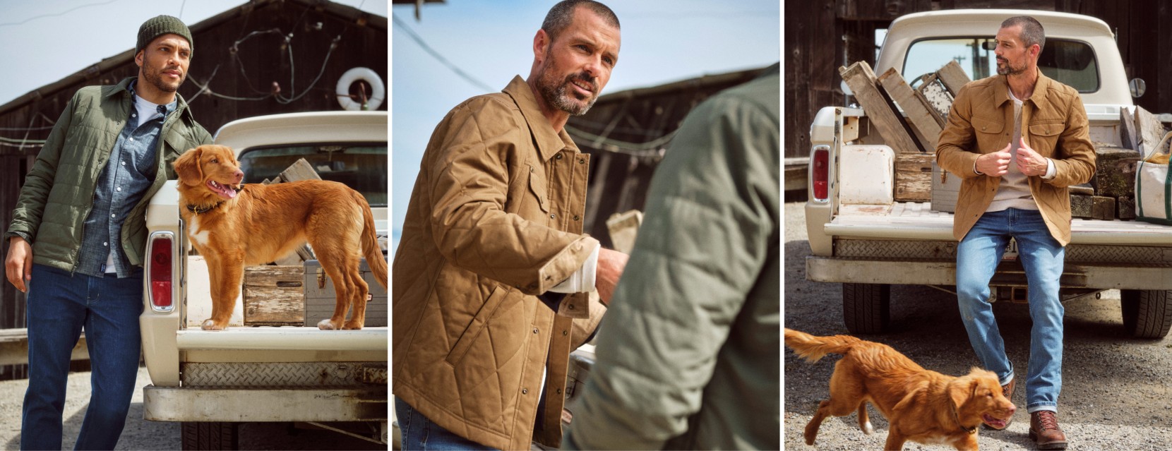 Lifestyle portraits featuring a person with a dog unloading gear from the back of an SUV outdoors.