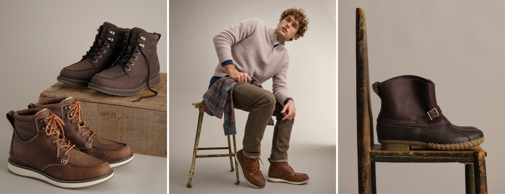 Studio images of different styles of brown leather boots and seated model.