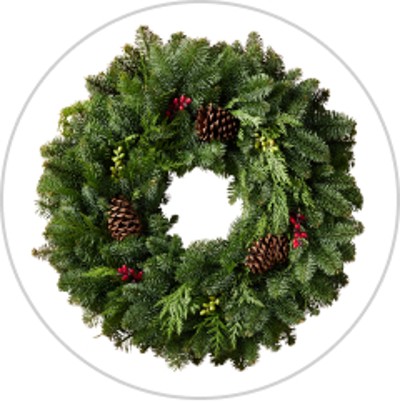 A traditional evergreen holiday wreath with pinecone accents.