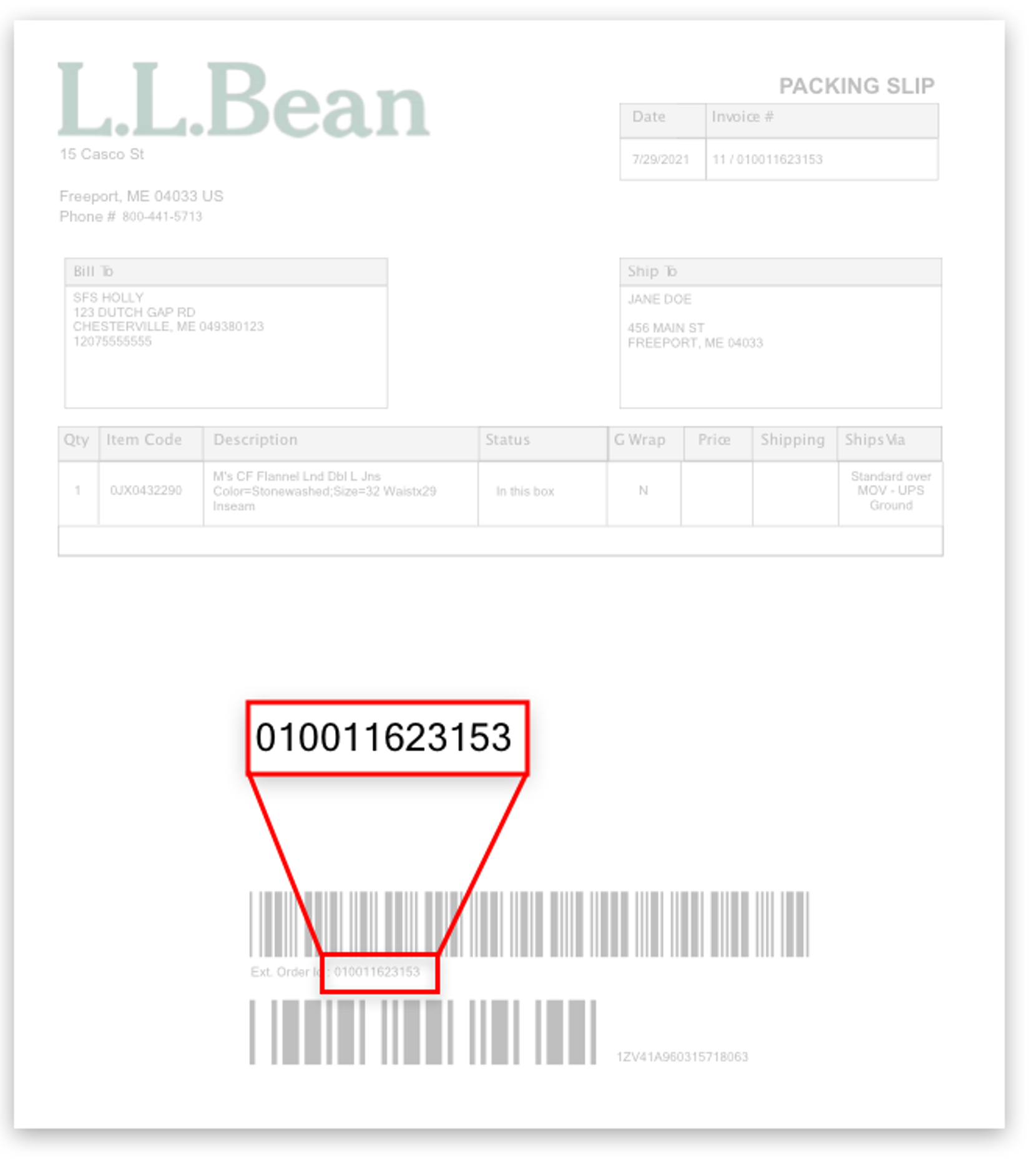 Packing slip with 12 digit order number highlighted