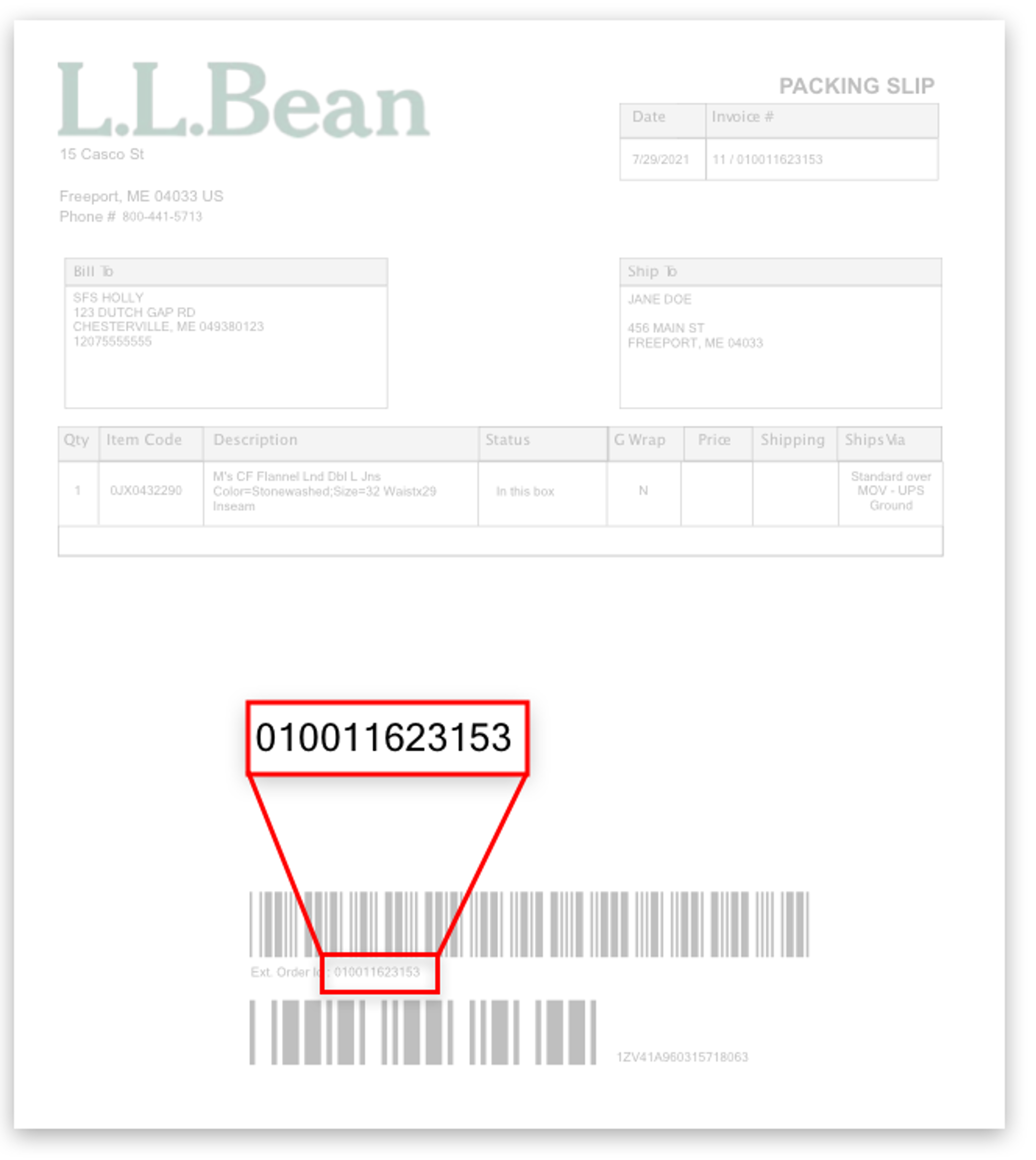 Packing slip with 12 digit order number highlighted