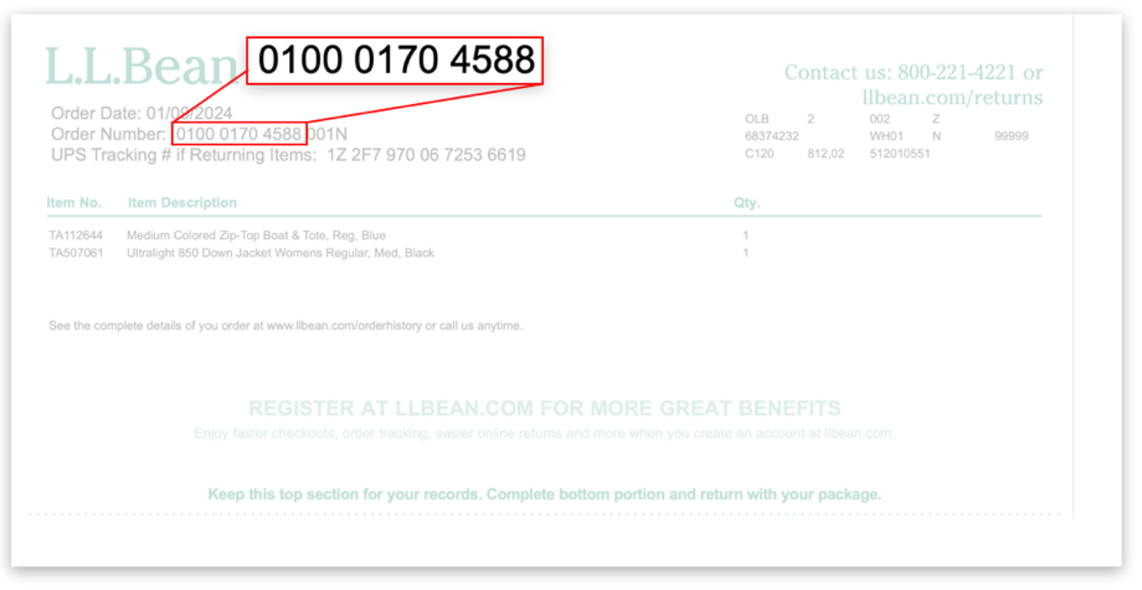Packing slip with 12 digit order number highlighted
