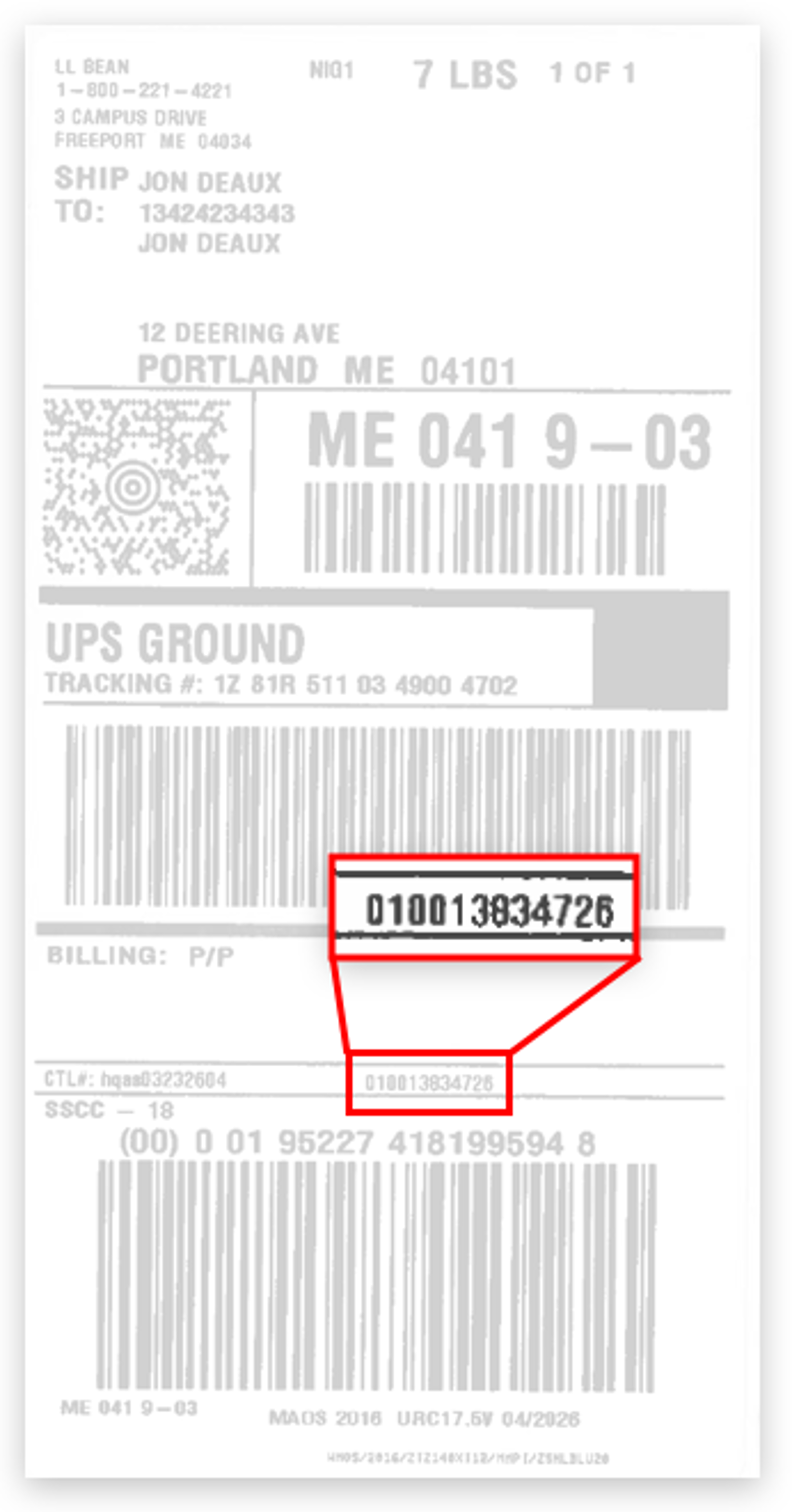 Shipping label with 12 digit order number highlighted.