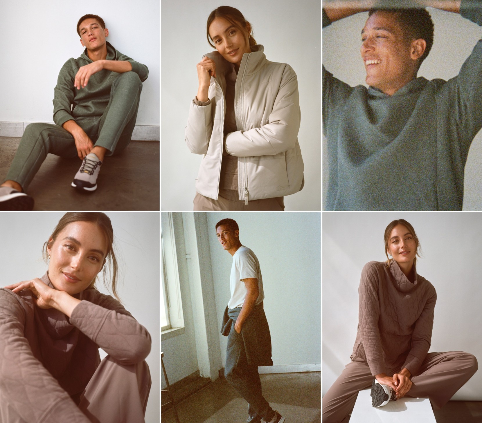 Collage of photos showing people in casual neutral‑toned outfits, including jackets, sweaters, and lounge sets.