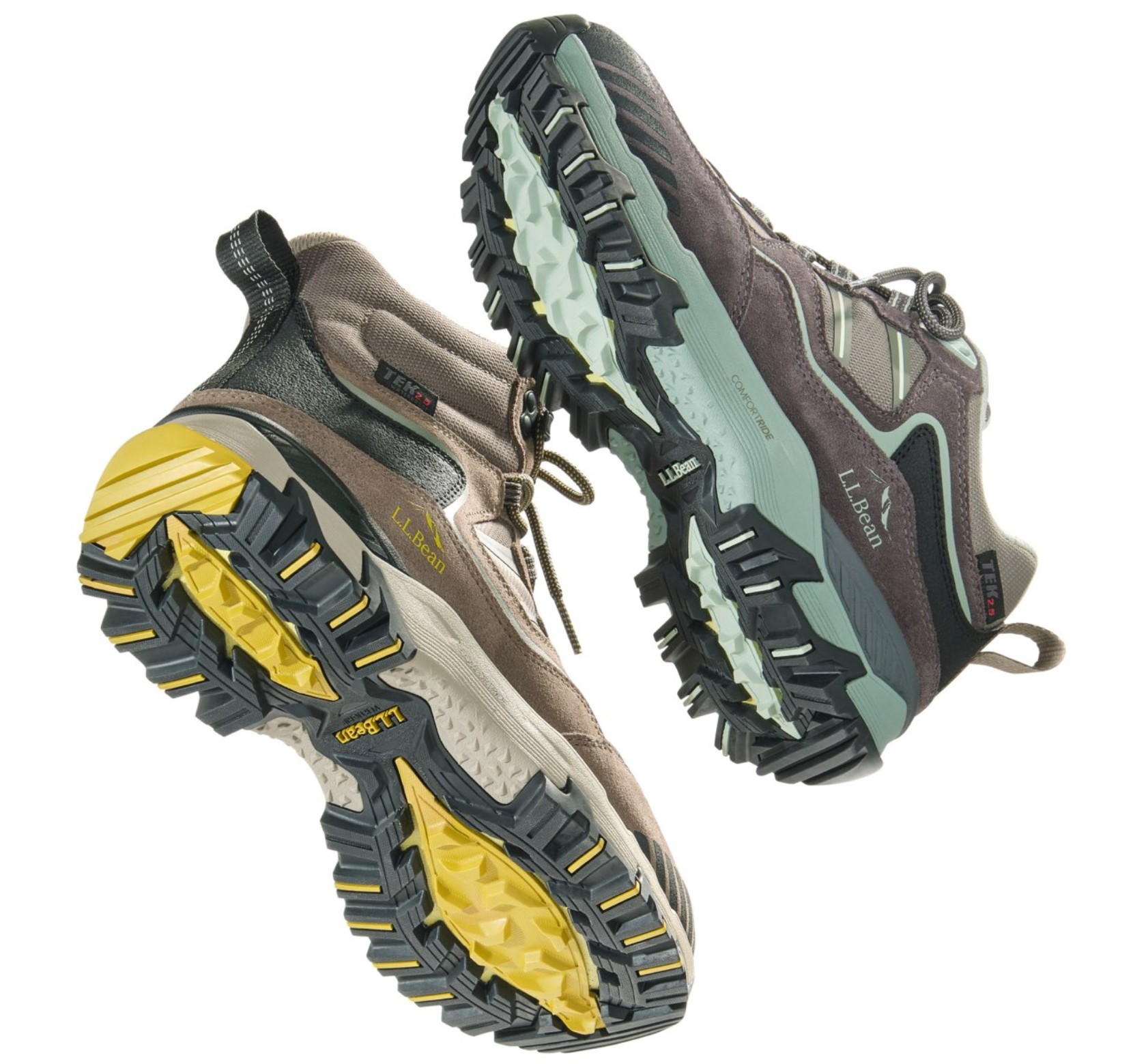 Two L L Bean hiking shoes shown from below, highlighting rugged multicolor outsoles and trail‑ready design.
