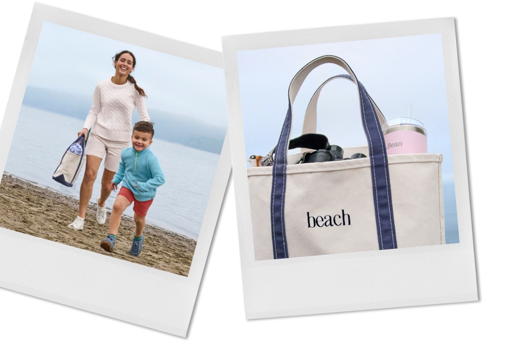 Two photo prints: an adult and child walk along a beach carrying a tote, and a close-up of a canvas tote labeled “beach.” 