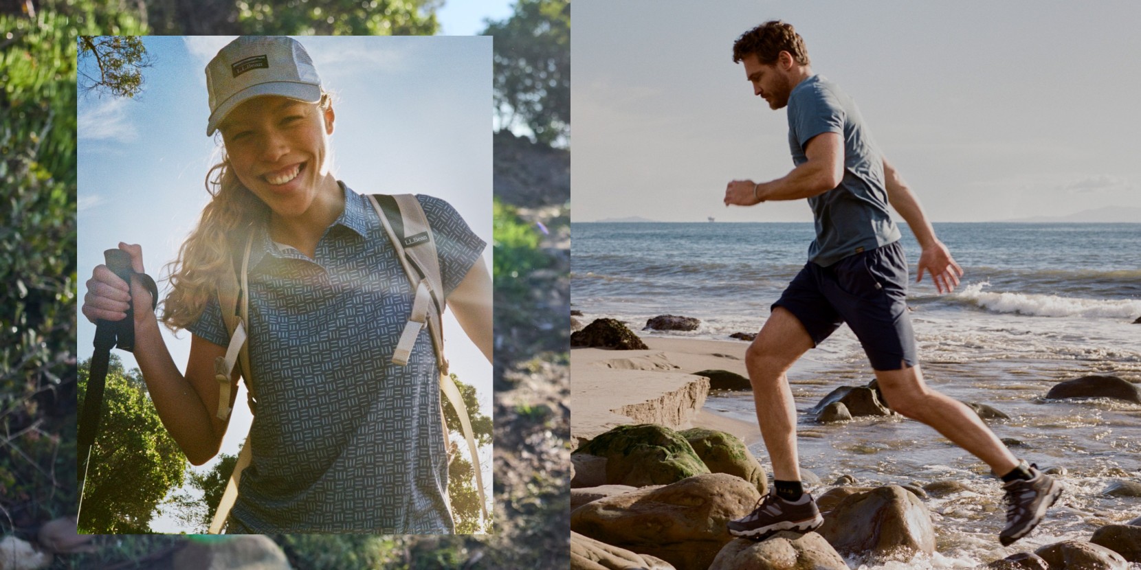 Split image of a hiker with backpack and walking poles on a wooded trail and a runner stepping across rocks by the ocean.