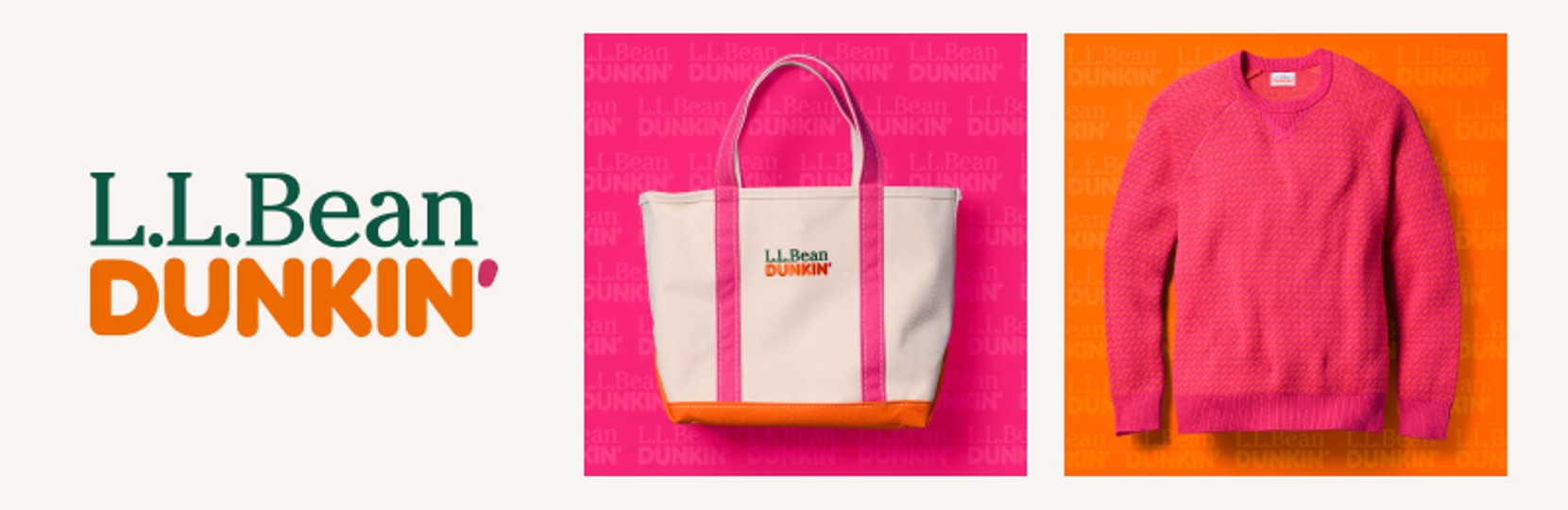 L L Bean and Dunkin’ collaboration logo along with a tote bag and pink sweater.