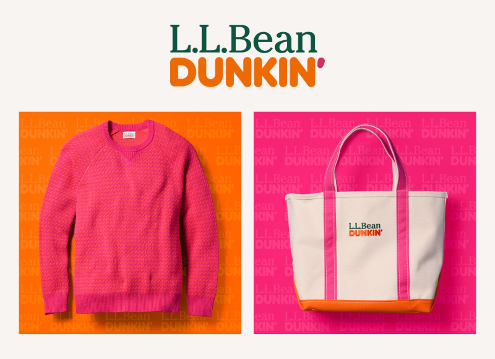 L L Bean and Dunkin’ collaboration logo along with a tote bag and pink sweater.