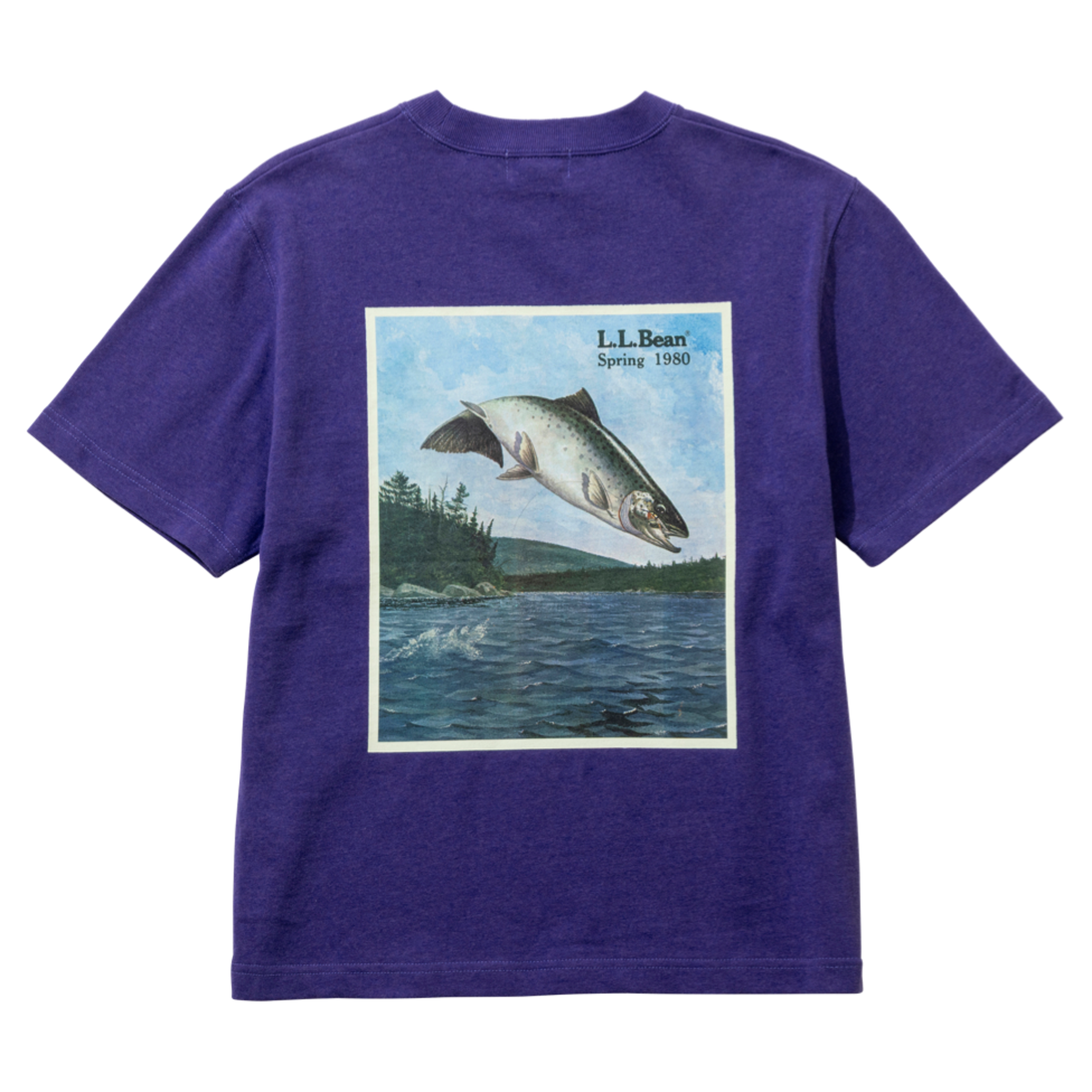 Purple short sleeve tee shirt with image of an L. L. Bean catalog cover featuring a trout fish.
