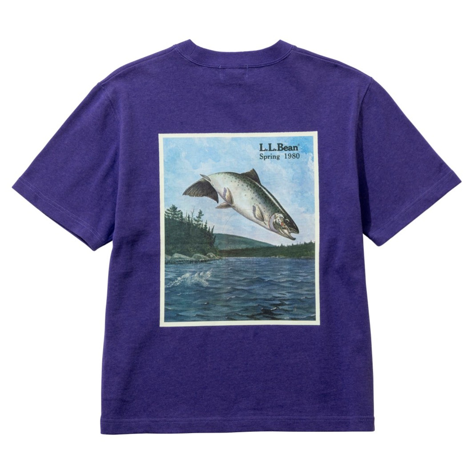 Purple short sleeve tee shirt with image of an L. L. Bean catalog cover featuring a trout fish.