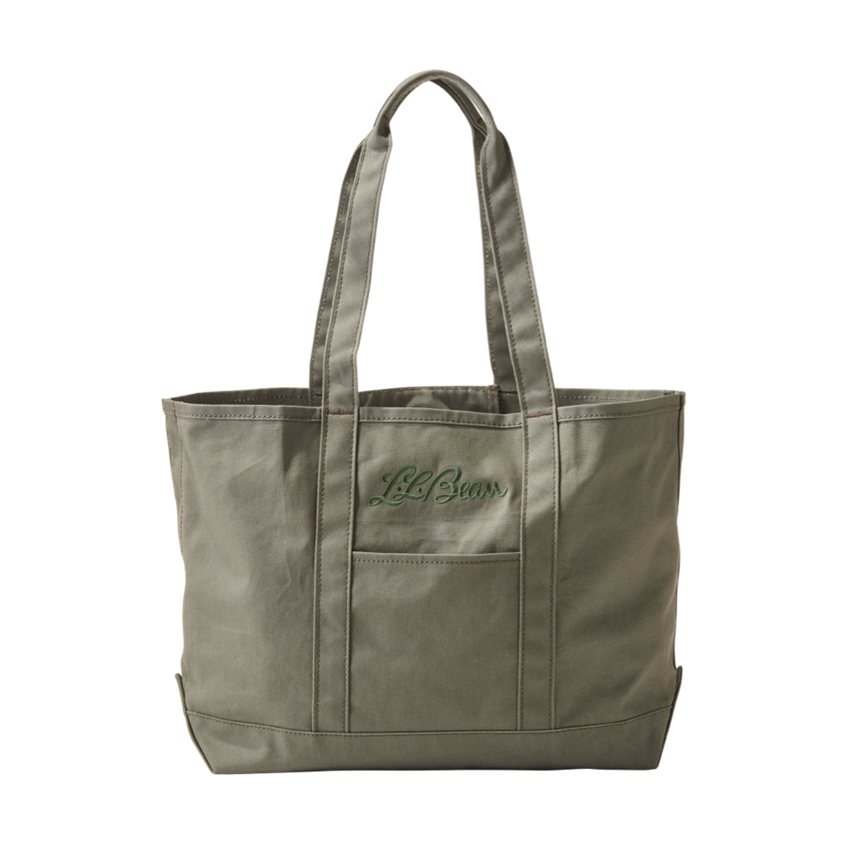 Olive color L. L. Bean market tote bag with front pocket.