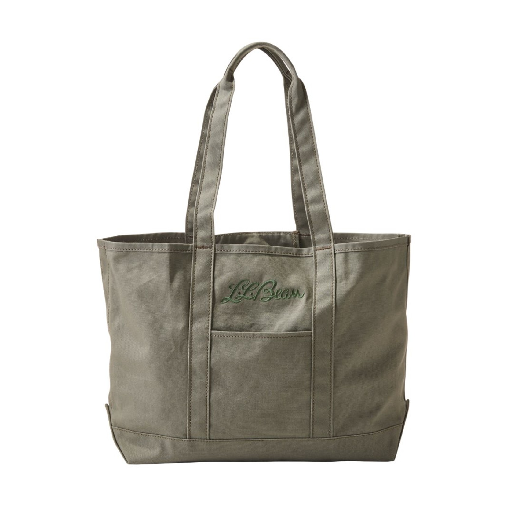 Olive color L. L. Bean market tote bag with front pocket.