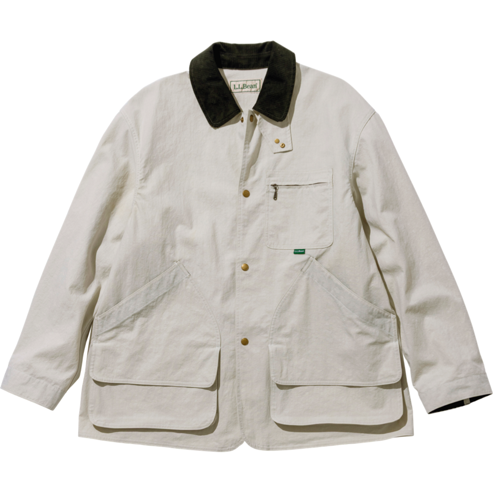 L. L. Bean cream color field coat with dark brown collar.