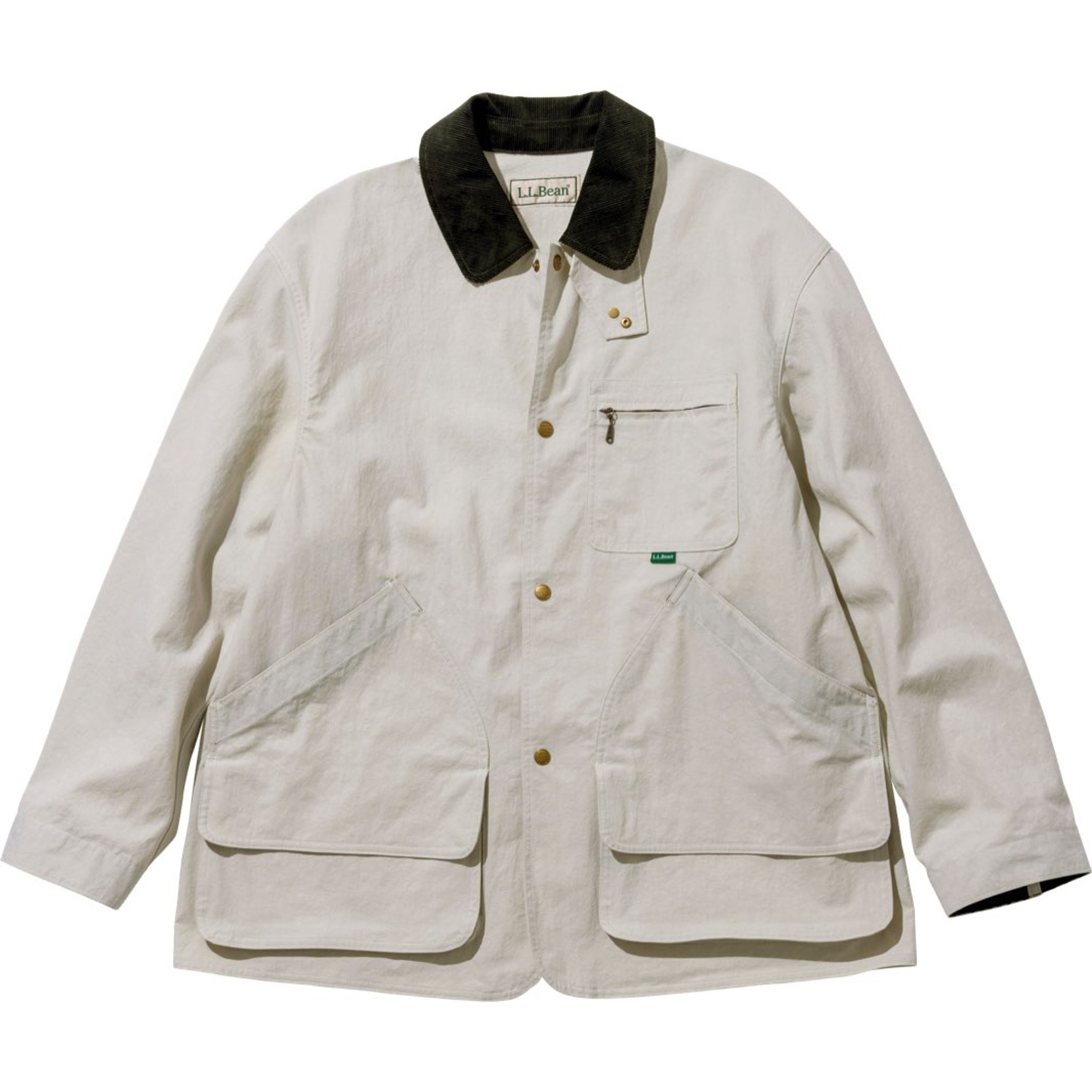 L. L. Bean cream color field coat with dark brown collar.