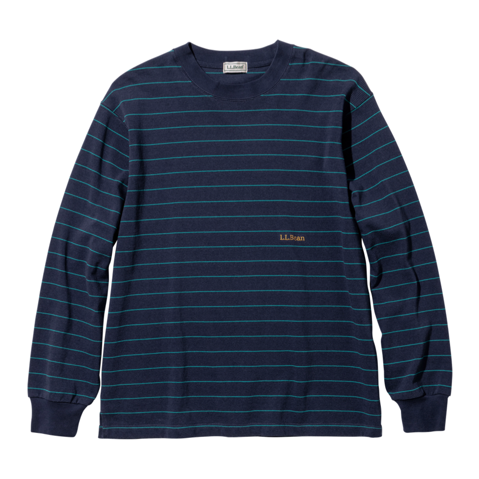 Dark blue long sleeve tee shirt with teal stripes.