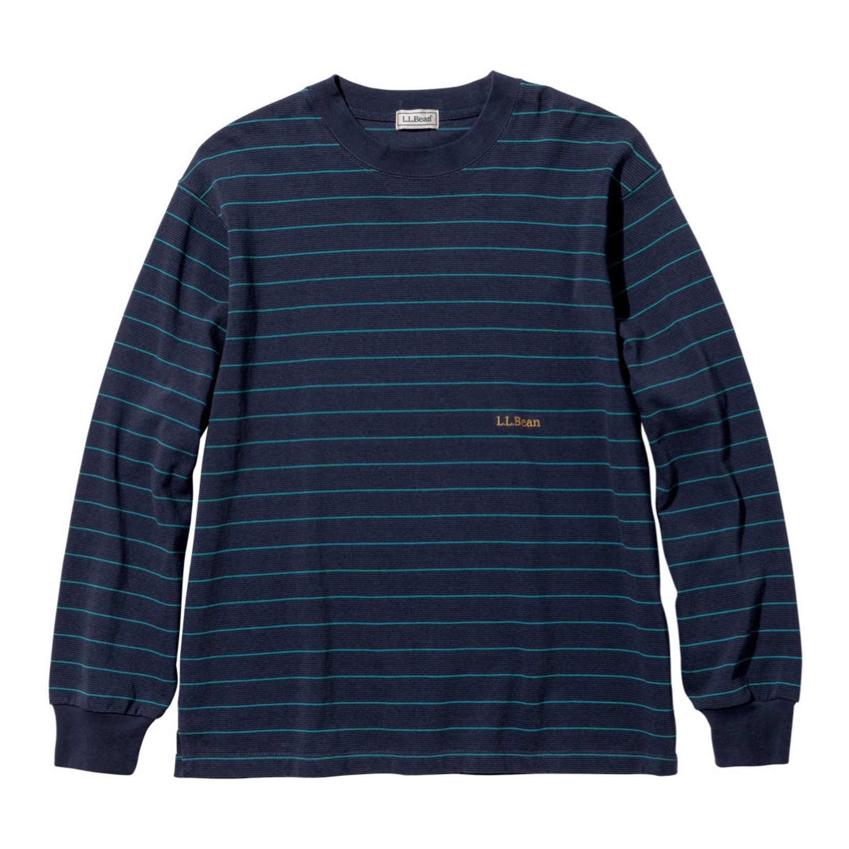 Dark blue long sleeve tee shirt with teal stripes.