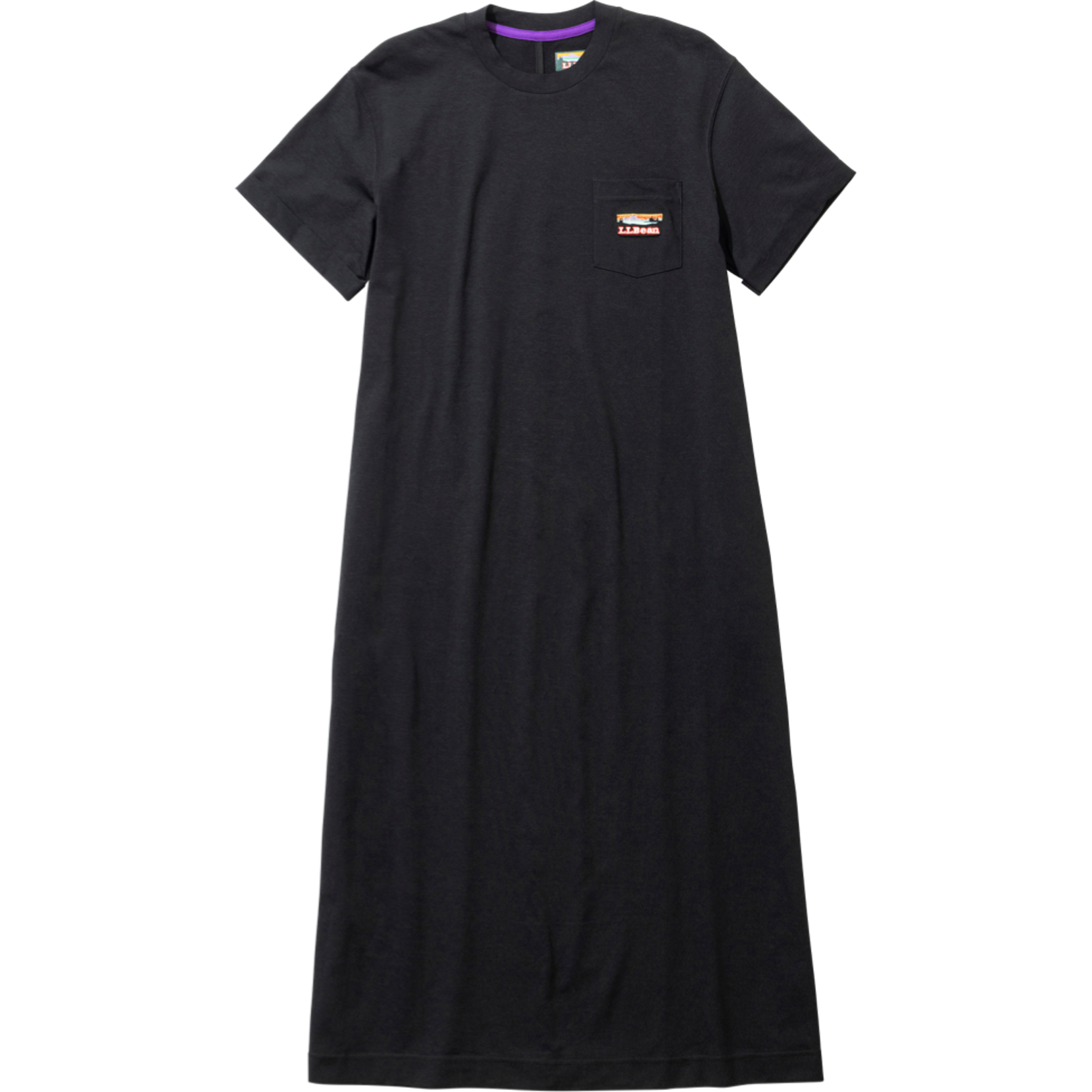 Charcoal color tee shirt dress with L. L. Bean logo on the front pocket.