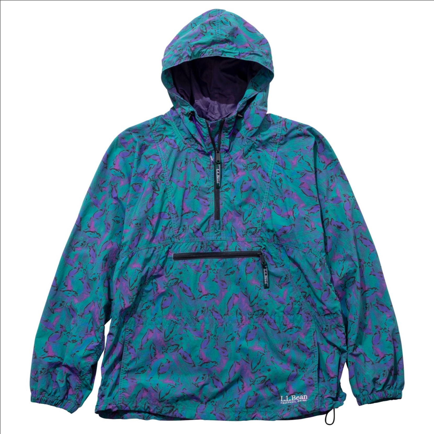 L. L. Bean Milo Anorak with a printed pattern of teal and purple color fish.