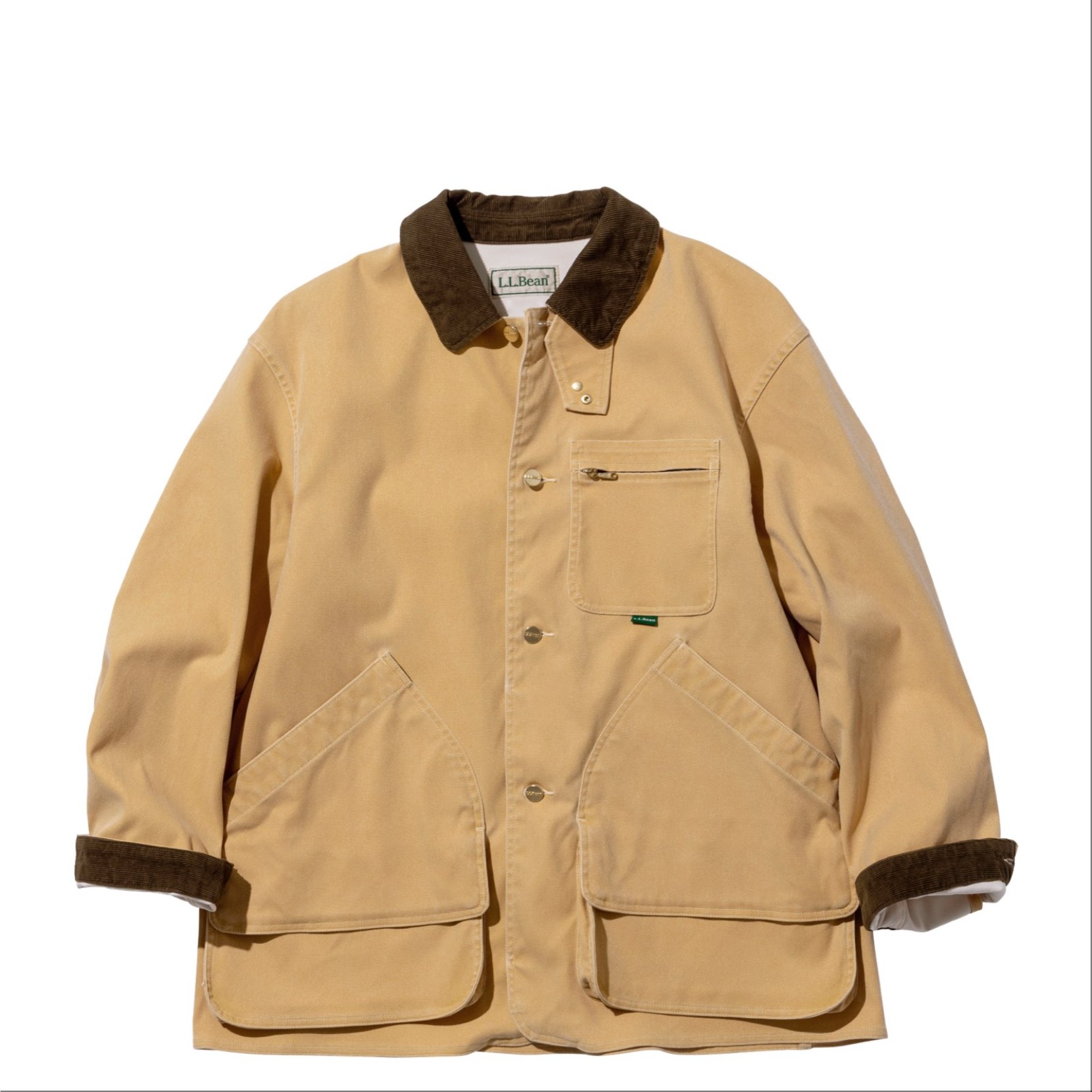 L. L. Bean tan color field coat with dark brown collar.